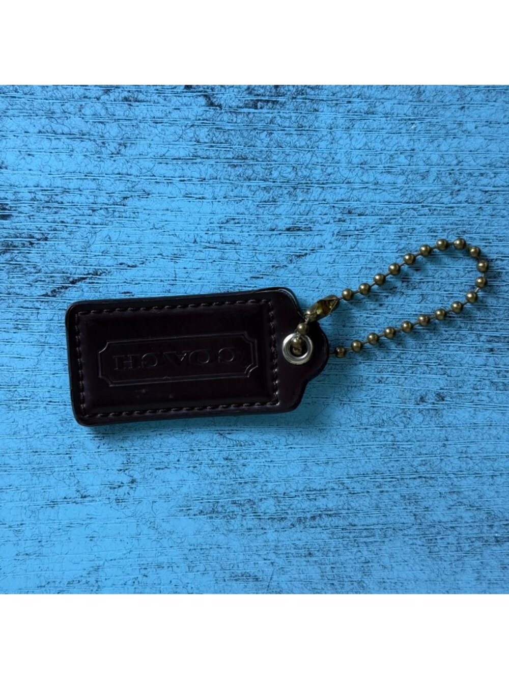 Coach Brown Leather Keychain Tag With Gold Ball Chain